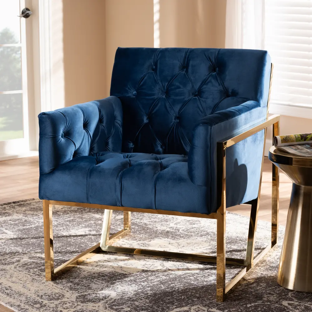 151-9263-RCW Contemporary Navy Velvet Lounge Chair with Gold Frame - Charlene-1