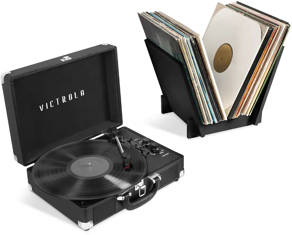 Black Record Player And Record Stand-Victrola-1