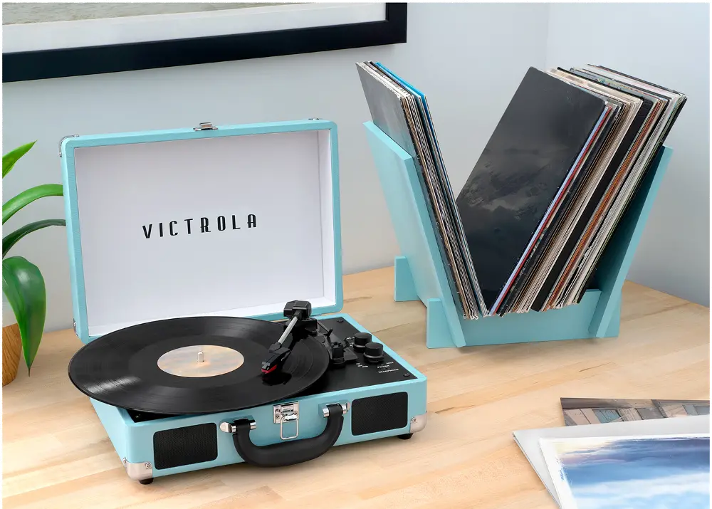 Turquoise Record Player And Record Stand-Victrola-1