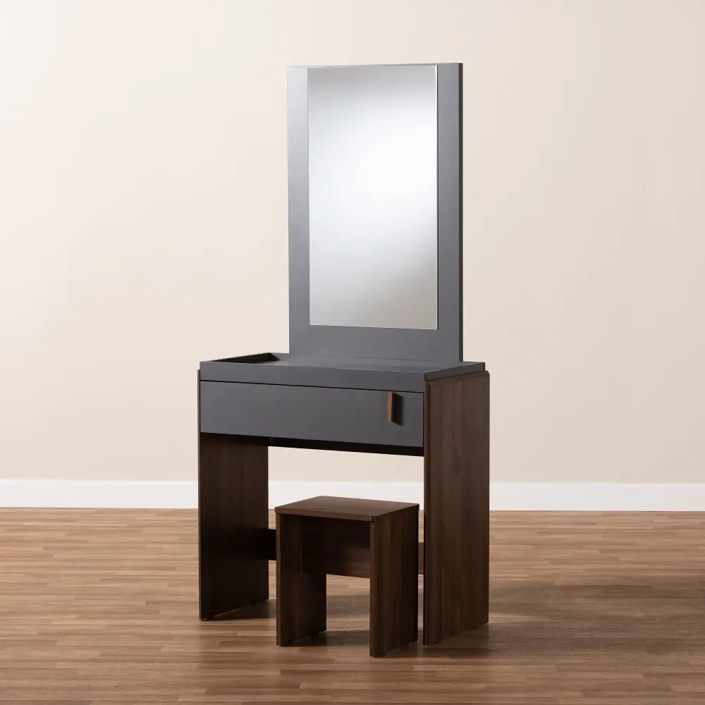 152-9148-RCW Modern Two Tone Gray and Walnut Bedroom Vanity with Stool-1