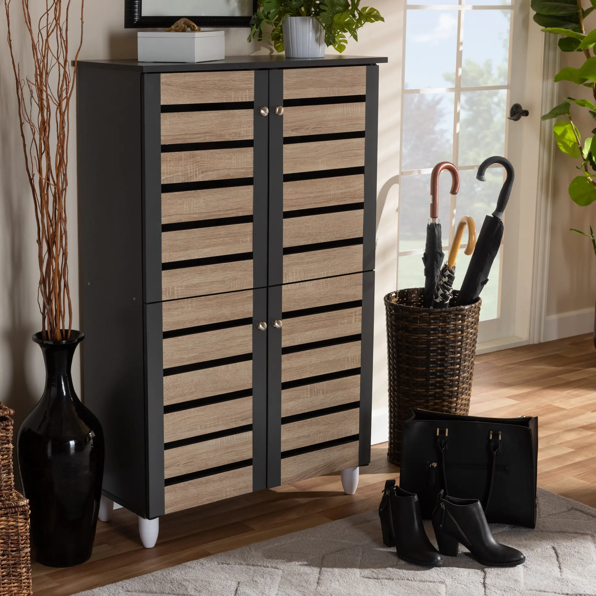 Modern Two Tone Oak and Dark Gray 4 Door Shoe Storage Cabinet - Thom