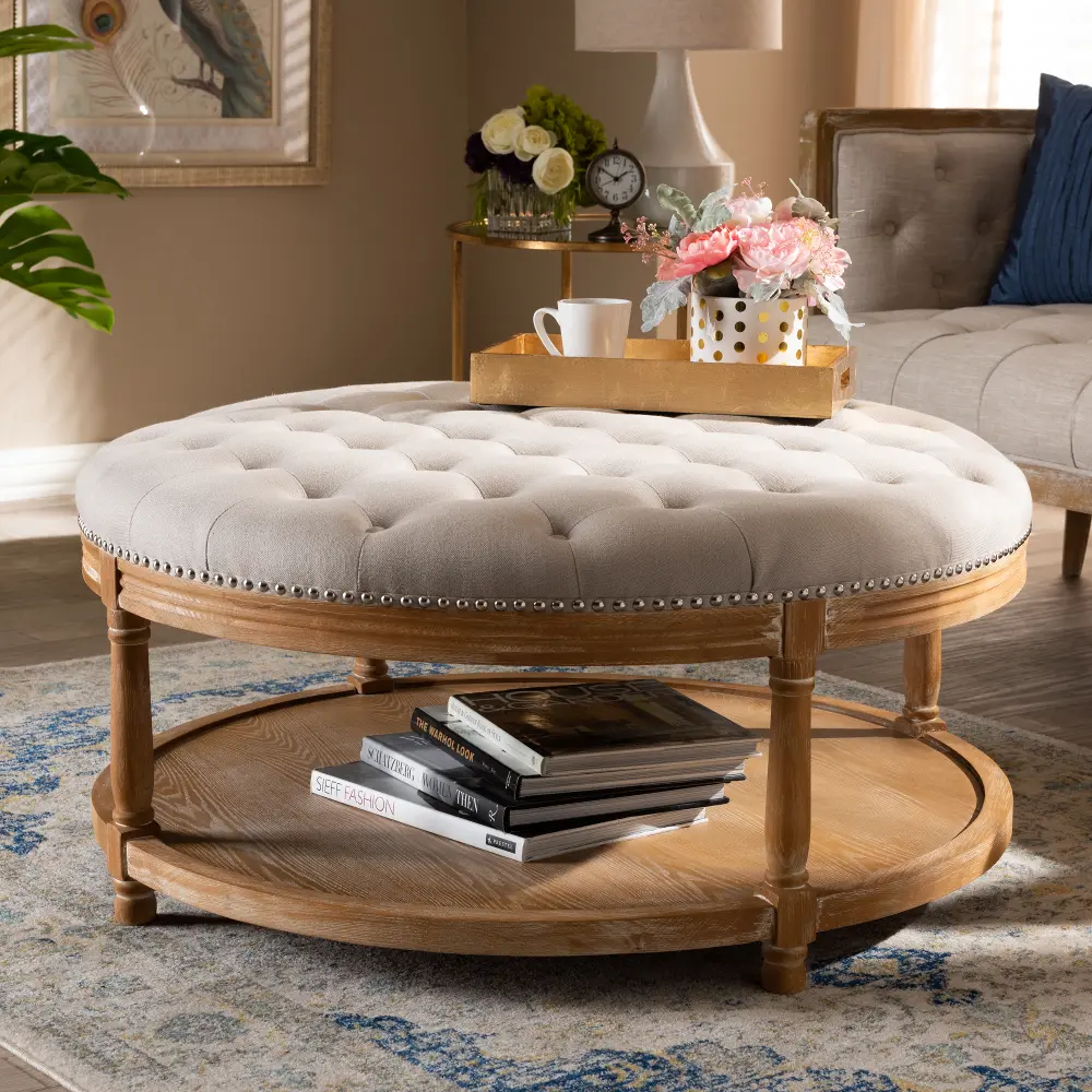 152-9383-RCW French Provincial Beige Linen Fabric Upholstered Button-Tufted Cocktail Ottoman with Shelf - Isadore-1