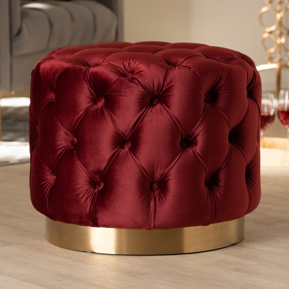 Glam Red Velvet Gold-Finished Button Tufted Ottoman - Dulcie