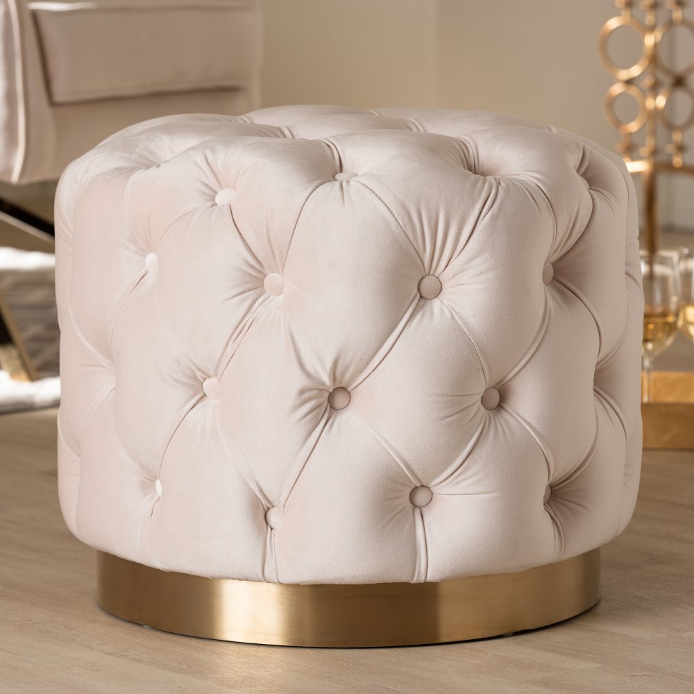 Glam Light Beige Velvet Tufted Ottoman - Dulcie