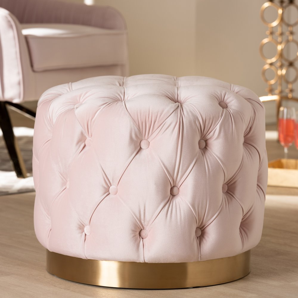 Glam Light Pink Velvet Tufted Ottoman - Dulcie