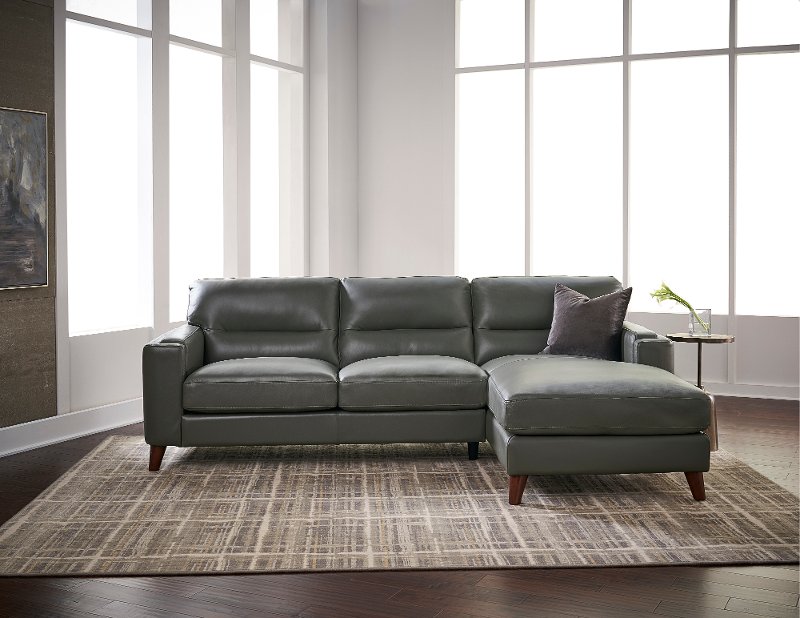Modern Slate Gray Leather Sofa Chaise, Gray Leather Sectional Sofas