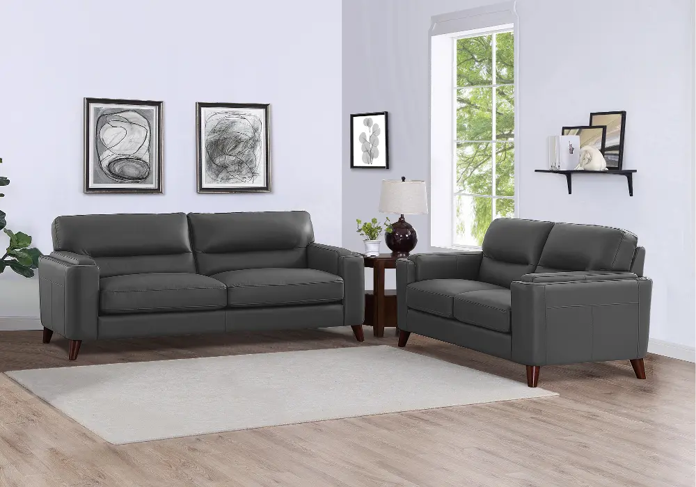 Slate Gray Leather 2 Piece Sofa and Loveseat Set - Miami-1