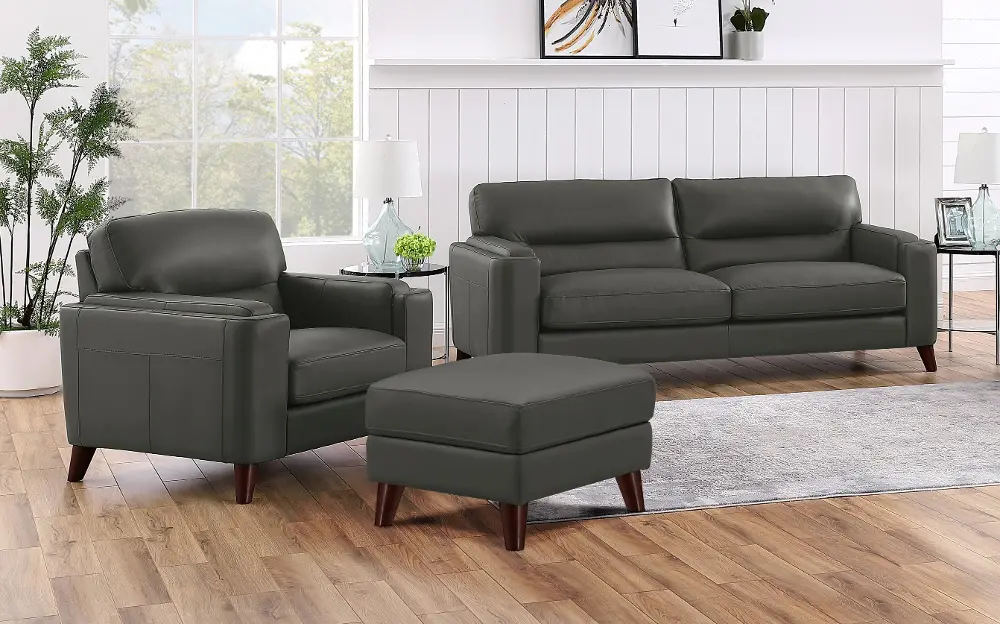 Slate Gray Leather 3 Piece Living Room Set with Ottoman - Miami-1