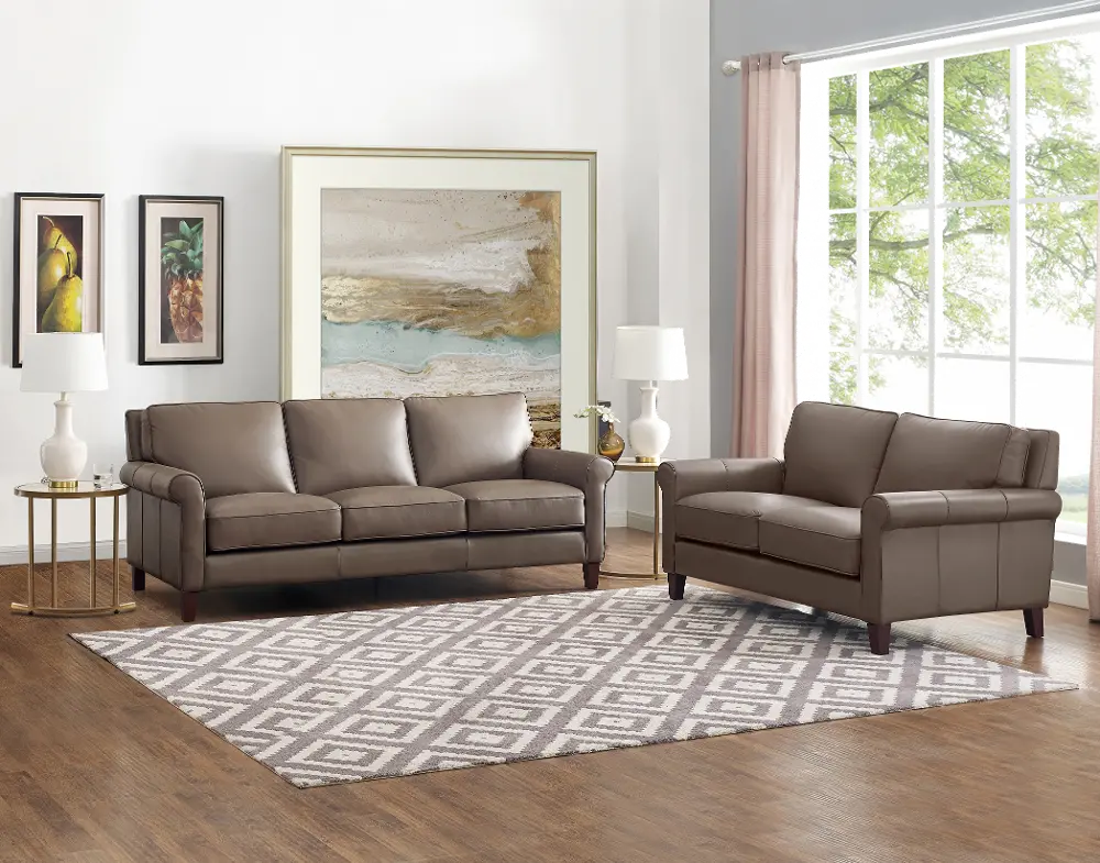 New London Taupe Leather Sofa and Loveseat Set-1