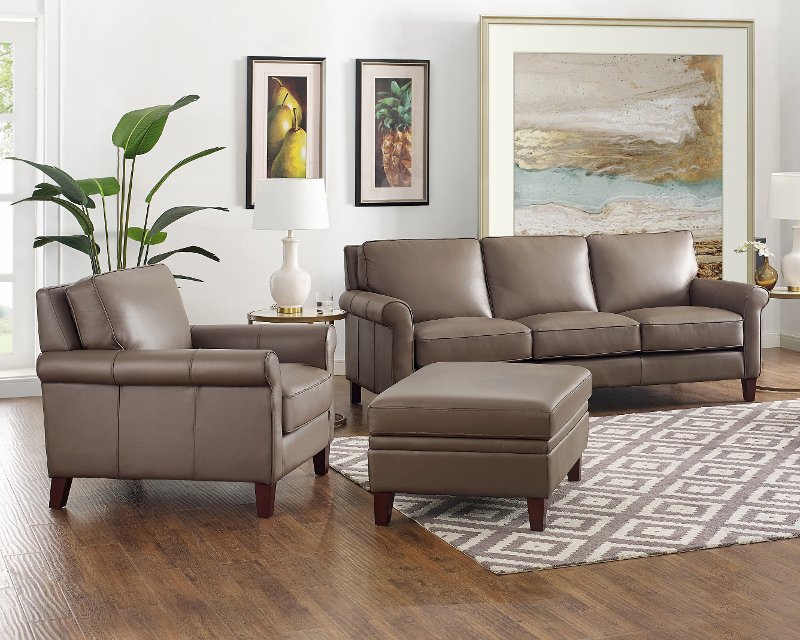 Taupe Leather 3 Piece Living Room Set, Leather Sofa Chair And Ottoman