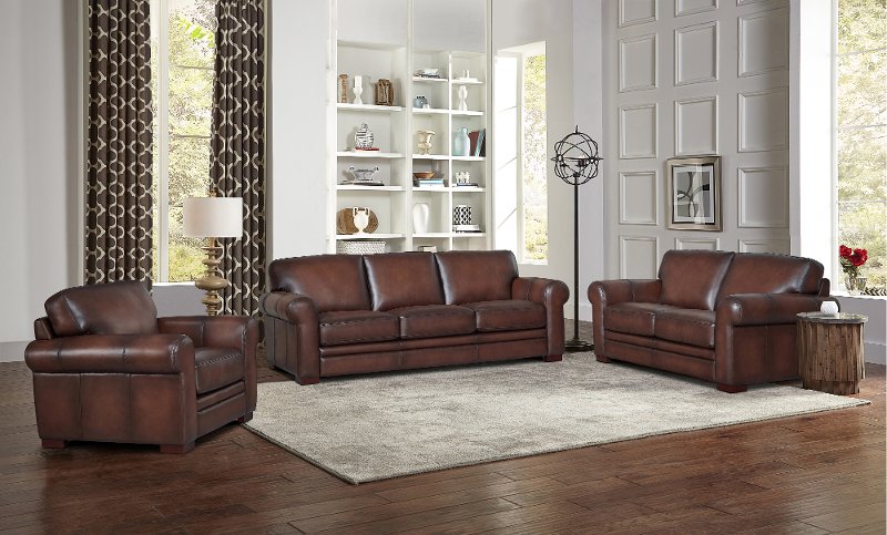 Carmel Brown Leather 3 Piece Living, Brown Leather Sofa Set
