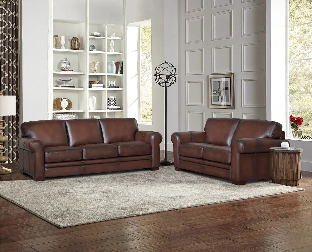 Eglinton Brown Leather 2 Piece Sofa and Loveseat Set-1