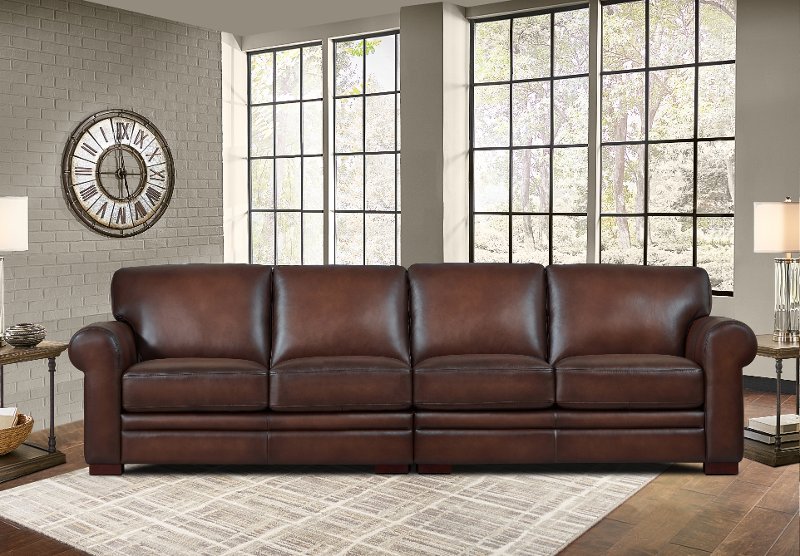 Classic Carmel Brown Leather 4 Seat, Leather Sofa With Removable Cushions
