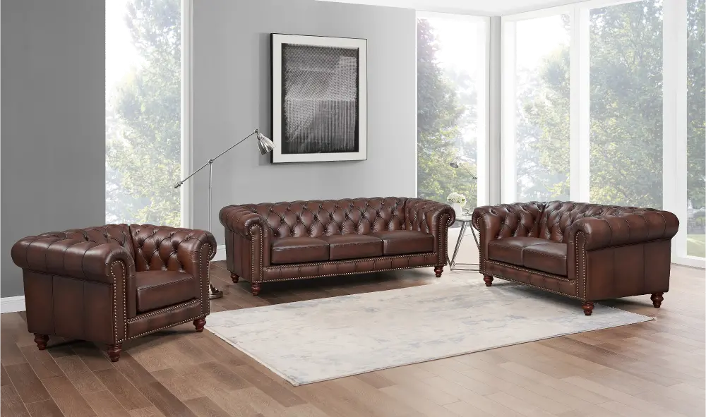 Lanchester Brown Leather 3 Piece Living Room Set-1