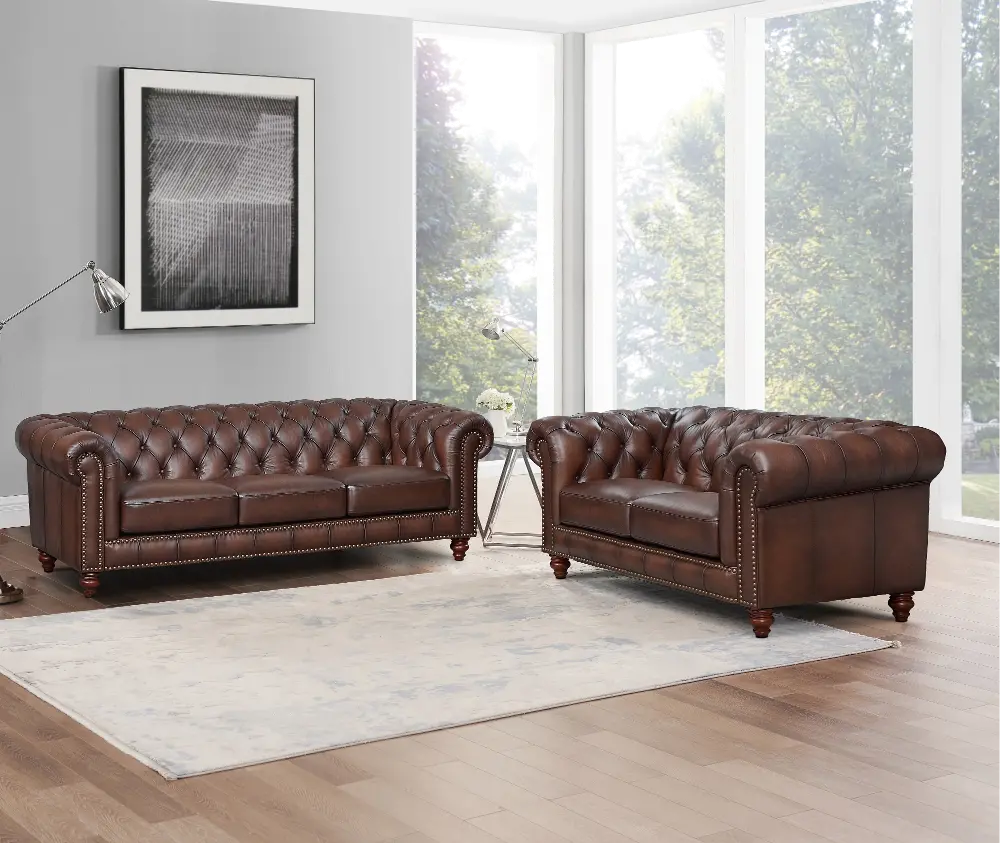 Lanchester Brown Leather Sofa and Loveseat Set-1