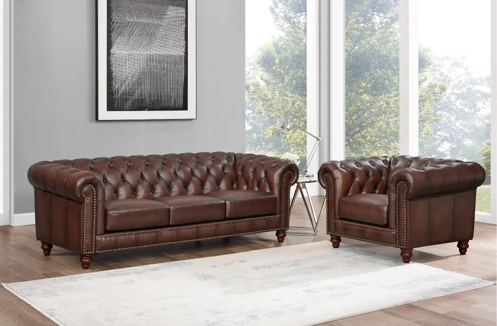 Lanchester Brown Leather Sofa and Chair Set-1
