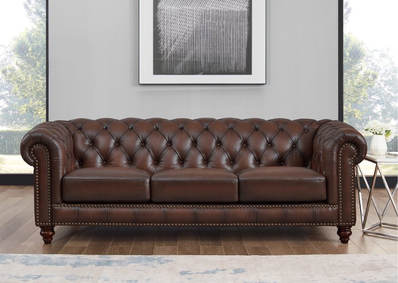 Traditional Brown Leather Sofa, Living Spaces Leather Sofa