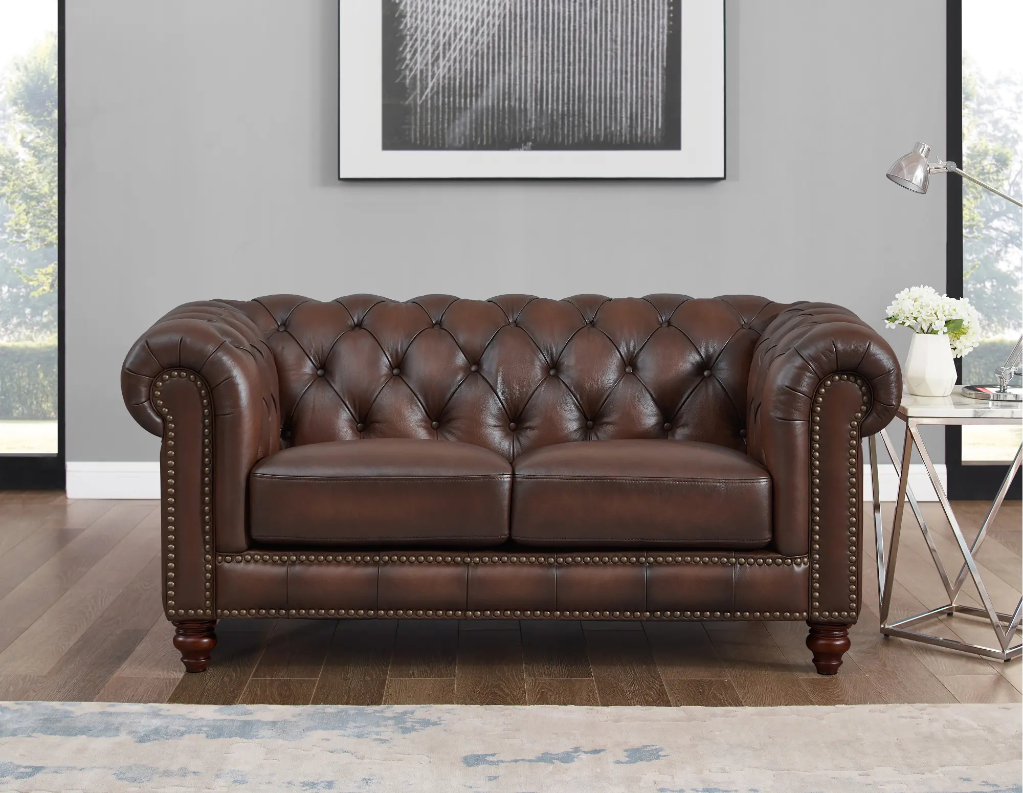 Traditional Brown Leather Loveseat - Lanchester