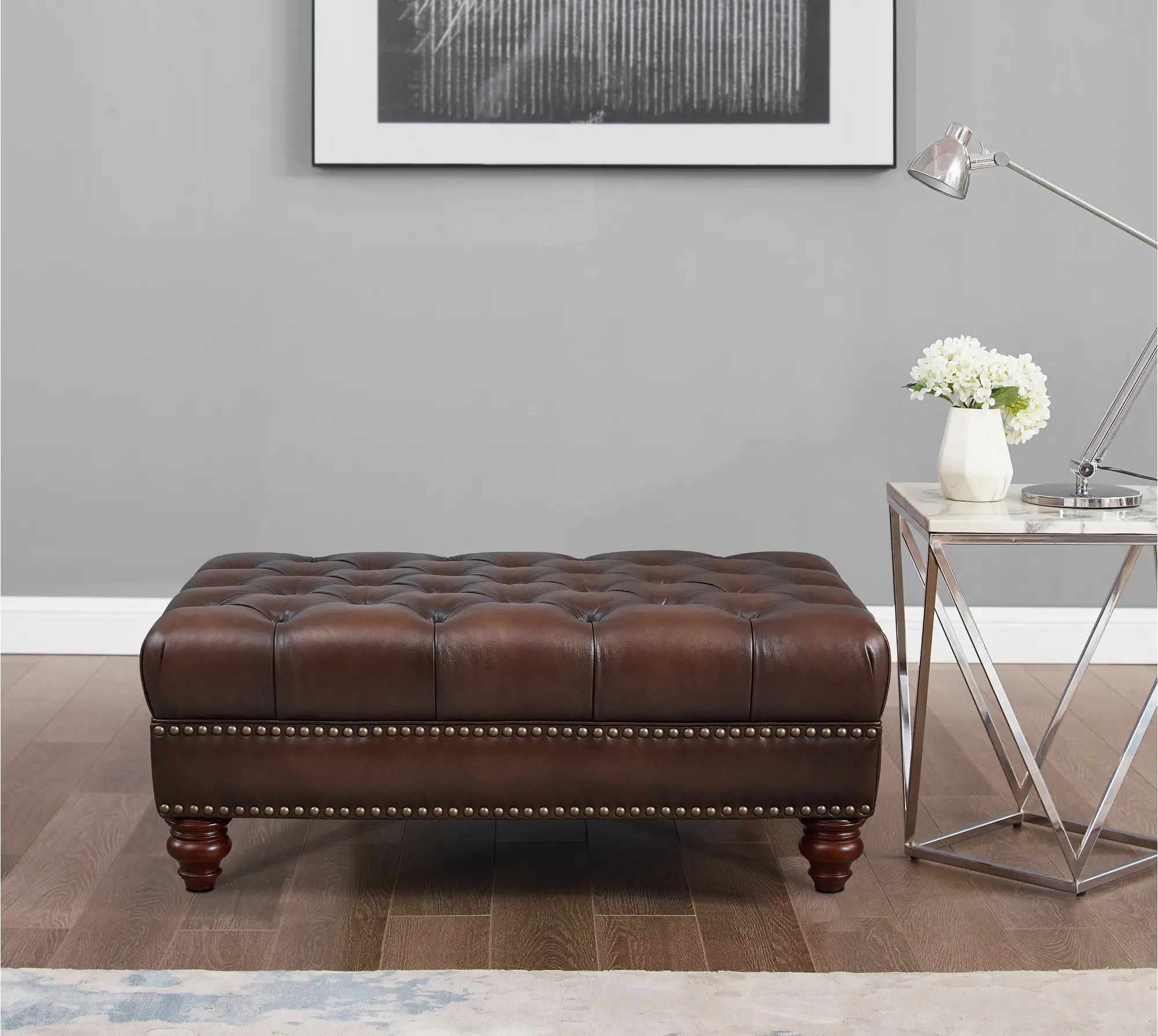 Traditional Brown Leather Ottoman - Lanchester