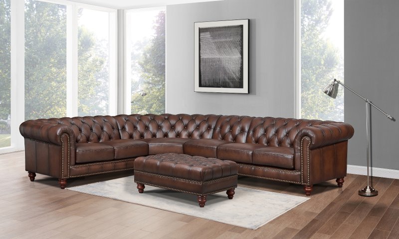 Lanchester Brown Leather 4 Piece Curved, Tufted Brown Leather Sectional