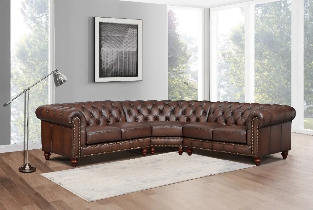 Traditional Brown Leather 3 Piece Sectional - Lanchester-1