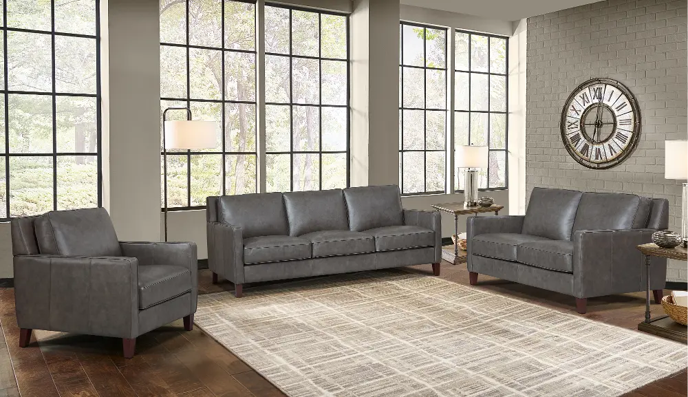 New Haven Ash Gray Leather 3 Piece Living Room Set-1