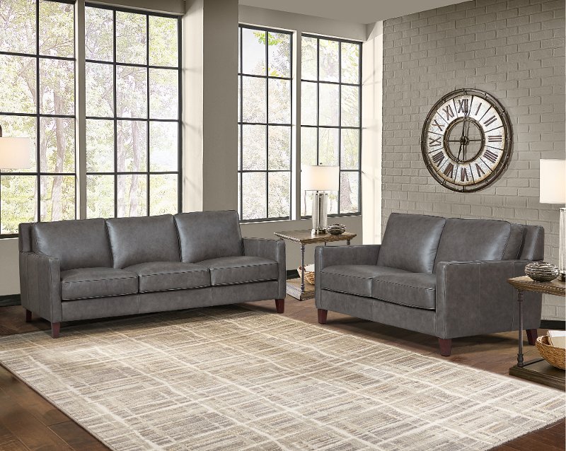 New Haven Ash Gray Leather 2 Piece Sofa, Sofa Loveseat Set Grey