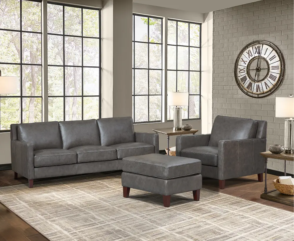 New Haven Ash Gray Leather 3 Piece Living Room Set with Ottoman-1