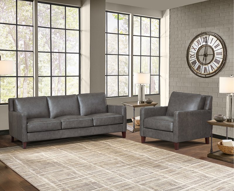 Ash Gray Leather 2 Piece Sofa And Chair, Grey Leather Sofa And Chair Set