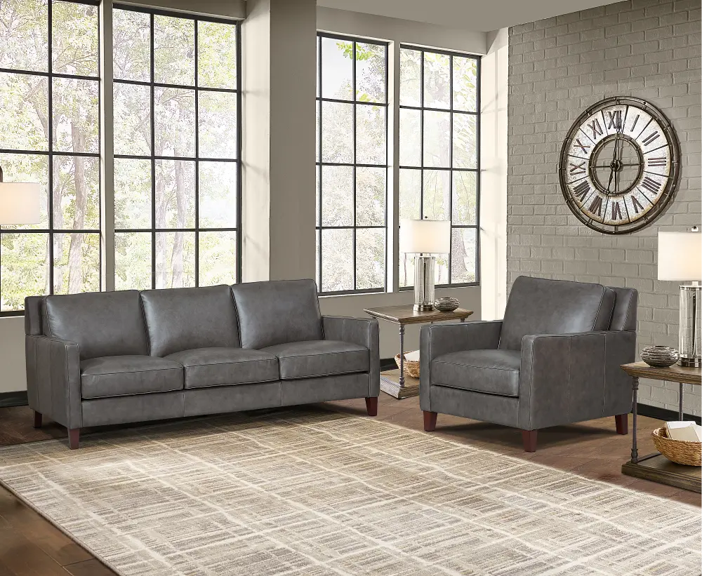 New Haven Ash Gray Leather 2 Piece Sofa and Chair Set-1