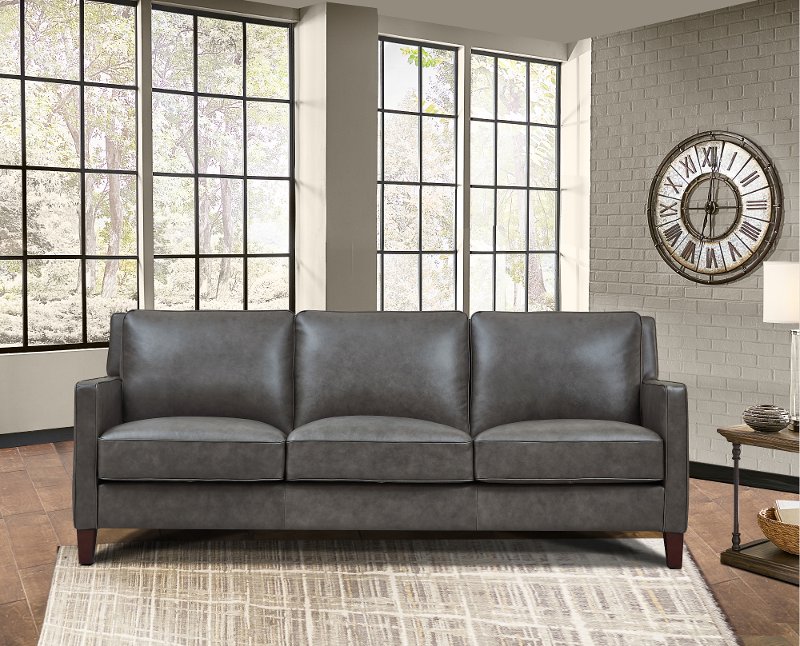 Contemporary Ash Gray Leather Sofa, Havertys Leather Sofa
