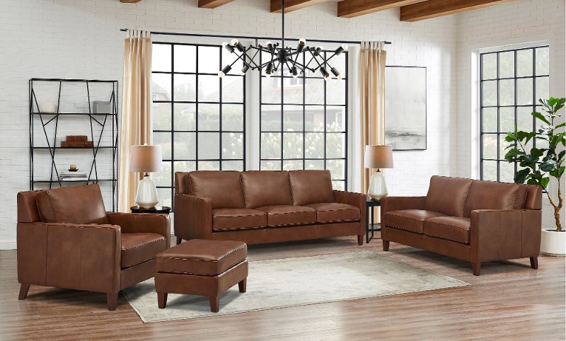 Brown Leather 4 Piece Living Room Set, Leather Sofa Set For Living Room