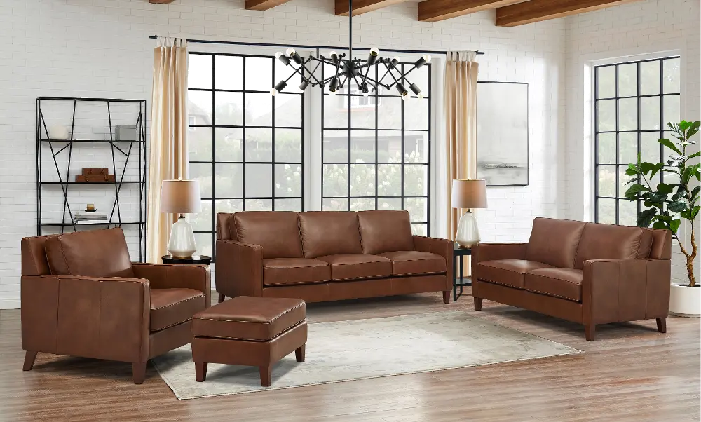 New Haven Brown Leather 4 Piece Living Room Set-1