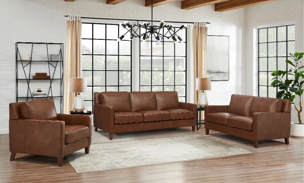 New Haven Brown Leather 3 Piece Living Room Set-1
