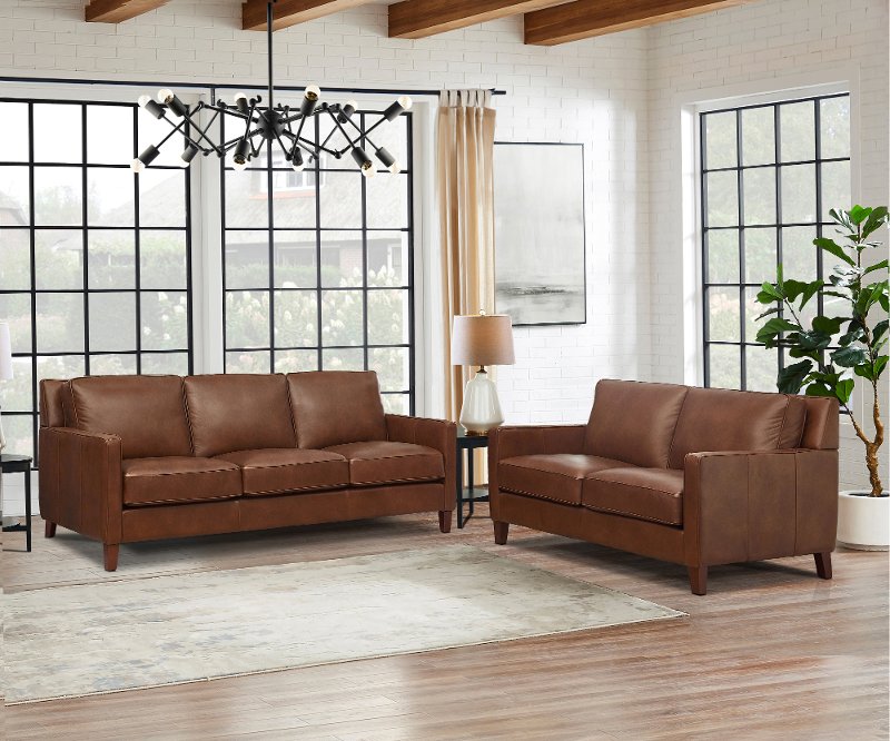 Brown Leather 2 Piece Sofa and Loveseat Set - New Haven | RC Willey