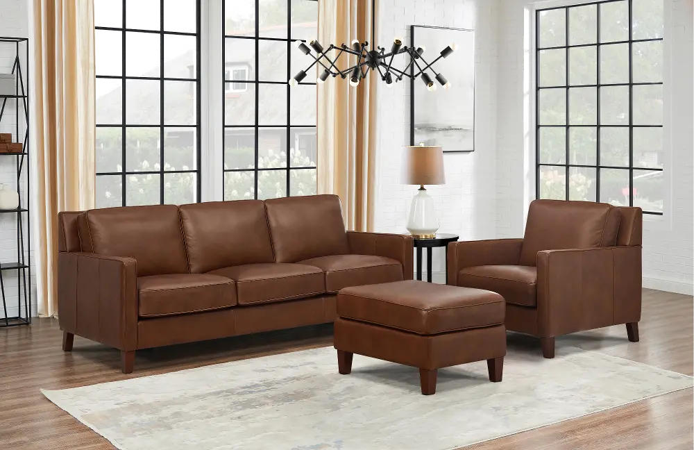 New Haven Brown Leather 3 Piece Living Room Set with Ottoman-1
