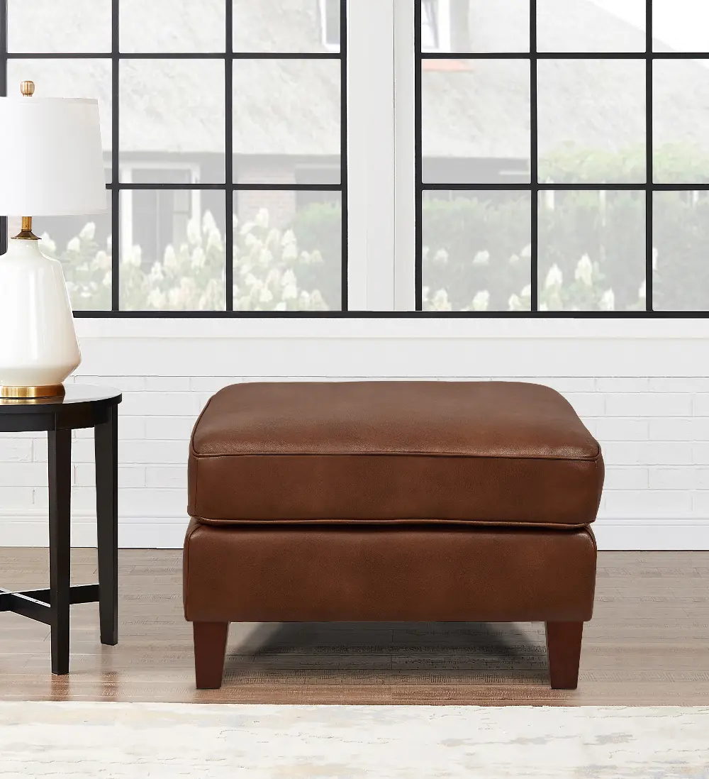 New Haven Contemporary Tobacco Brown Leather Ottoman-1