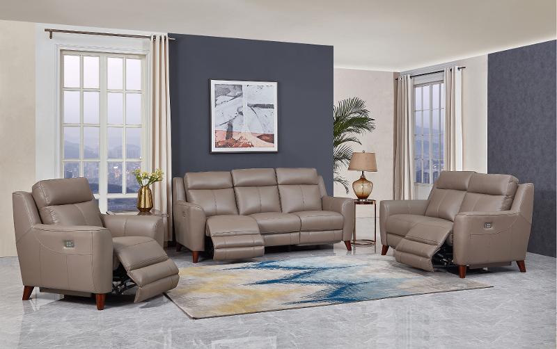 Fresno Taupe Leather 3 Piece Power, Three Piece Reclining Living Room Set