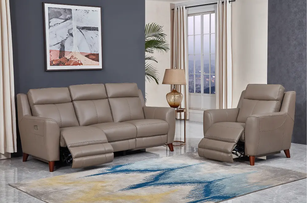 Fresno Taupe Leather Power Reclining Sofa and Chair Set-1