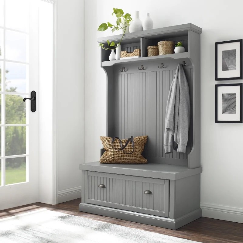 Gray entryway hall tree with storage