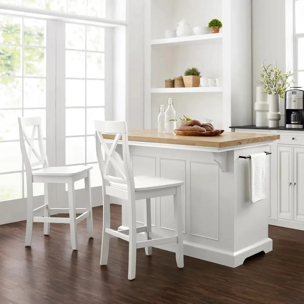 KF30067WH-WH White Kitchen Island With Wood Top & Stools- Julia-1