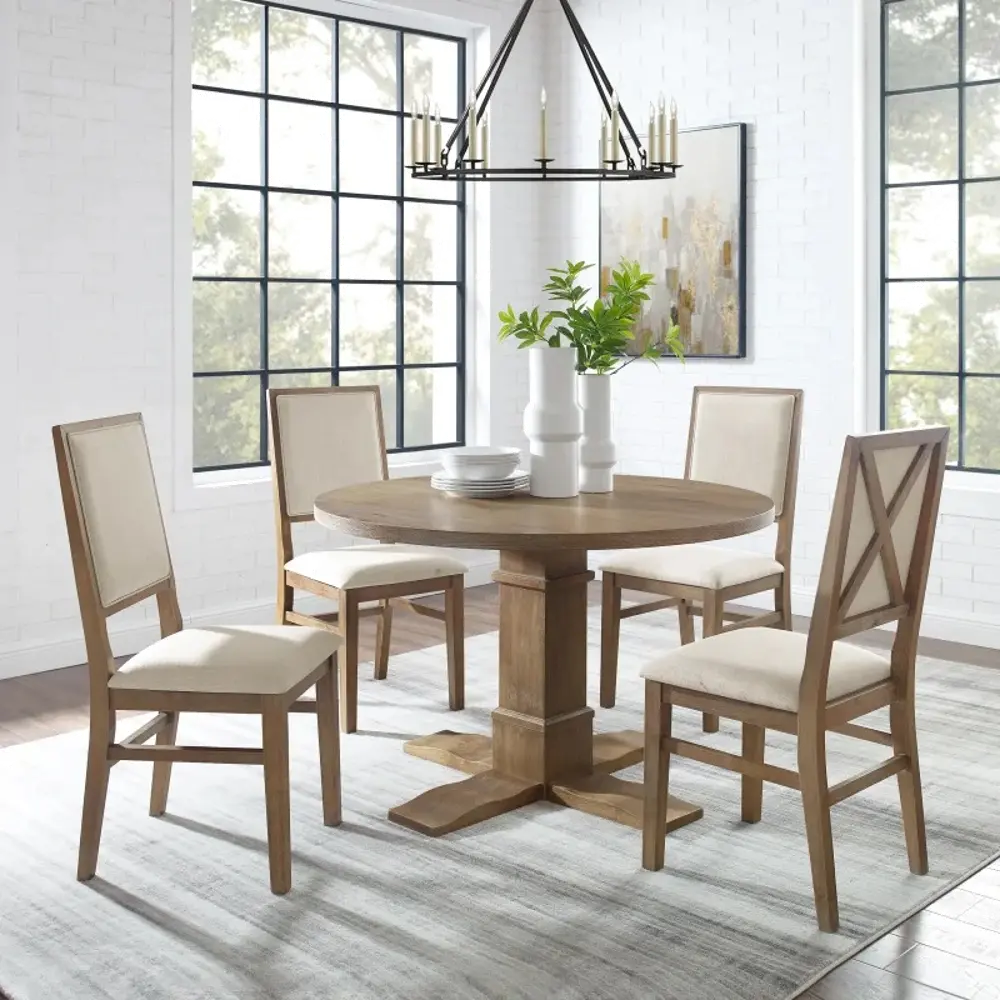 KF13063RB-RB Rustic Brown 5 Piece Round Dining Table Set with Upholstered Chairs- Joanna-1