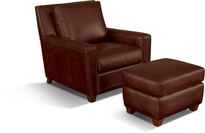 Contemporary Saddle Brown Leather Chair, Brown Leather Chair And Ottoman