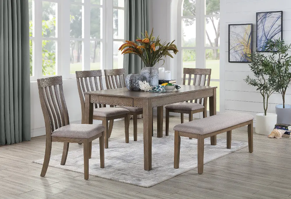Brown Oak 6 Piece Dining Room Set with Bench - Alcott-1