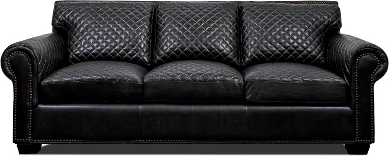 Contemporary Obsidian Black Leather, Century Quilted Leather Sofa