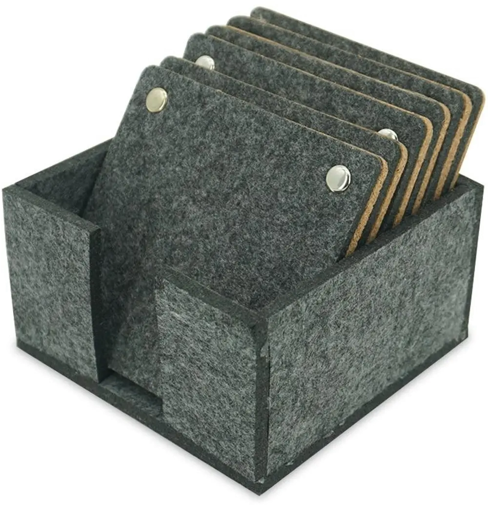 Gray Felt and Tan Cork Coasters (Set of 6) with Container-1