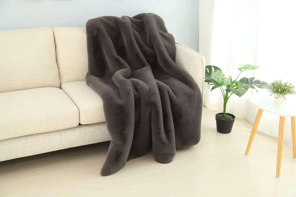 Chinchilla Charcoal Gray Faux Fur Throw Blanket-1