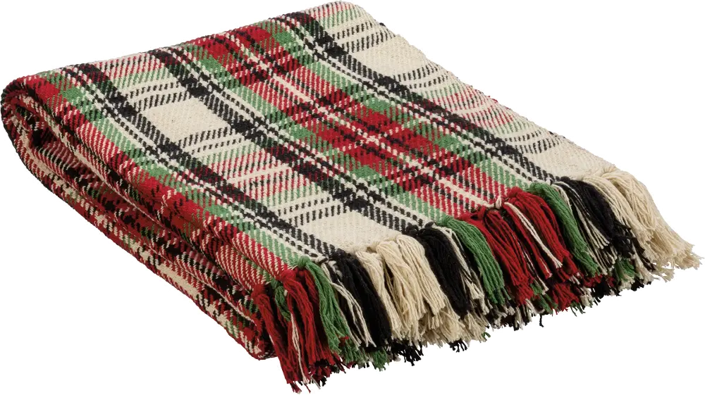 Cream, Red, Green and Black Plaid Throw Blanket-1