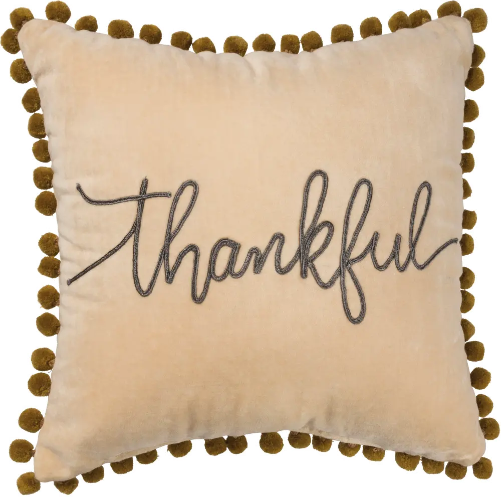 Cream Thankful Throw Pillow with Olive Green Pom Poms-1
