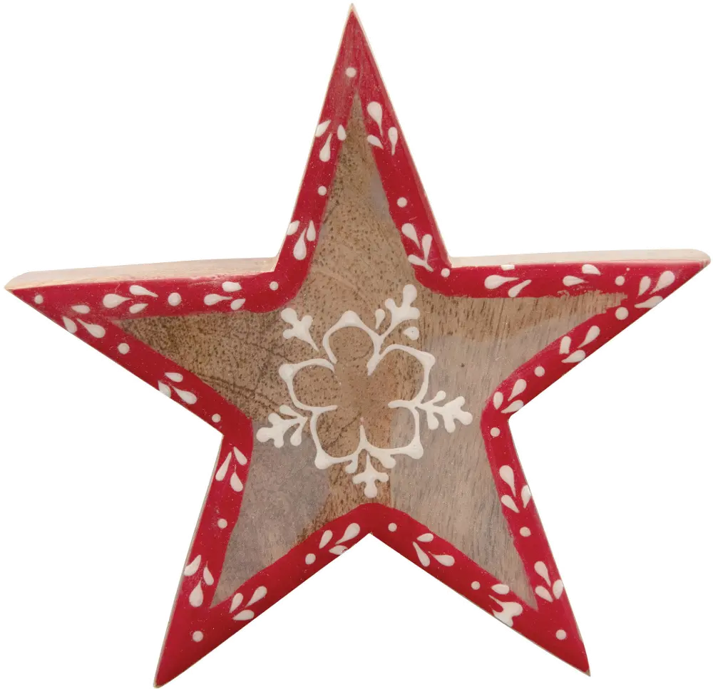 XM7686-WOOD/STAR 5 Inch Red and White Hand Painted Mango Wood Star-1